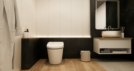 Two tone black and white Mockup scene bathroom with shower and Toilet and decoration on modern toilet room japanese style .3D rendering