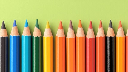 Arrangement of Vibrant Colored Pencils on a Green Background Highlighting Creativity and Artistic Expression in an Educational or Artistic Setting