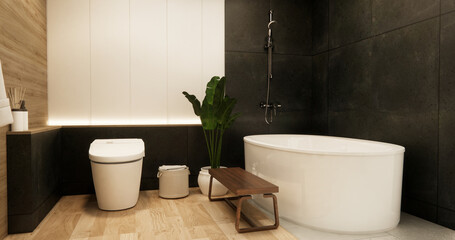 Two tone black and white Mockup scene bathroom with shower and Toilet and decoration on modern toilet room japanese style .3D rendering