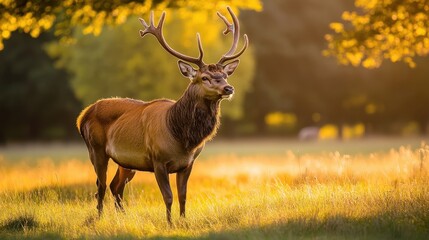 Majestic stag standing in golden sunlight amidst lush green grass in a serene natural landscape during the early morning or late afternoon