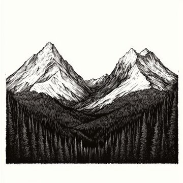 The foreground of this black and white image features a dense pine forest, set against a majestic mountain landscape, generated using AI and illustrated in a scratch board style to resemble an