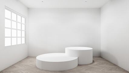 Scene to show products Empty room white on wooden floor interior design.3D rendering