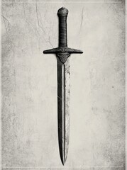The sword's decorative hilt showcases a perfect blend of elegance and craftsmanship, as seen in a detailed sketch engraving created with generative AI and raster illustration techniques, complete