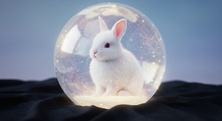 Softly lit white rabbit peacefully sits inside a glowing glass sphere. AI Generated
