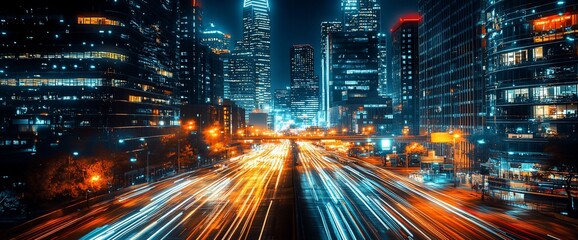 Naklejka premium City Night Lights Highway Traffic Skyscrapers Urban Modern Architecture