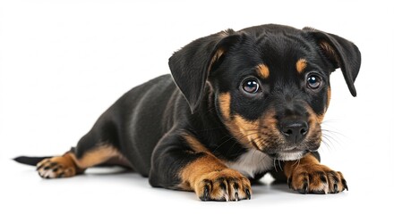 Obraz premium Adorable puppy rests peacefully soft light illuminates its glossy fur. AI Generated