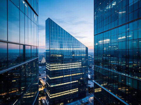 Minimalist glass tower, hidden LED light strips gradually brighten in the twilight, and telephoto compression creates a layered effect on the building, technology and nature - Powered by Adobe