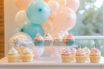 A festive gender reveal table showcases pastel cupcakes with pink and blue icing, surrounded by vibrant balloons and coordinated decor for a joyful atmosphere