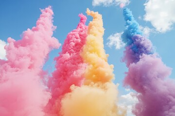 Fototapeta premium A cloud of colorful smoke erupts from a cannon, signifying a gender reveal celebration. The vibrant hues of pink, blue, and yellow swirl beautifully in slow motion against a bright sky
