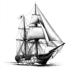The image depicts a majestic yacht sailing ship cruising on the ocean, its large sails billowing, in a black and white scratch board style engraving generated using AI raster illustration techniques