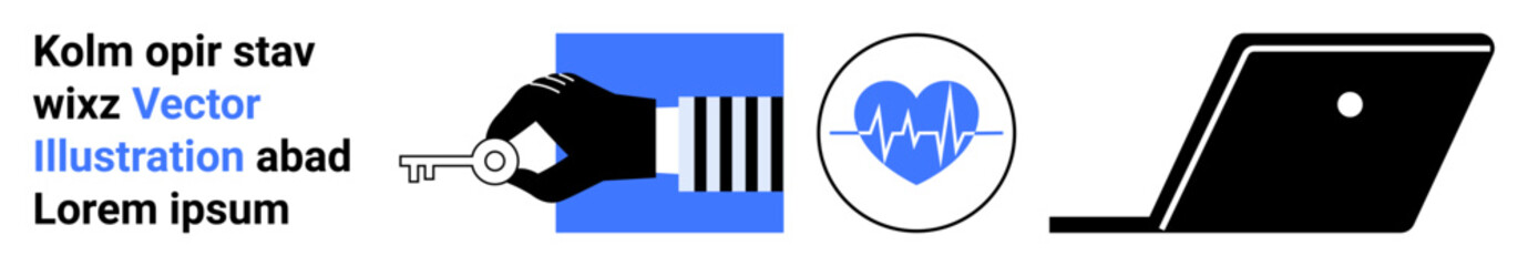 Hand holding key, heart with heartbeat line, and silhouette of laptop. Ideal for security, healthcare, digital transformation, technology use, access control, wellness remote work abstract line flat