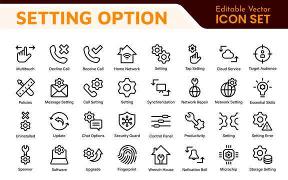 Settings, icon set. Containing options, configuration, preferences, adjustments, operation, gear, control panel, equalizer, management, optimization and productivity icons.