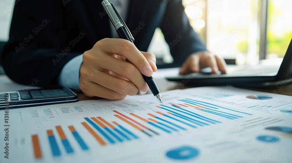 Poster business analyst checking financial statement with charts and graphs