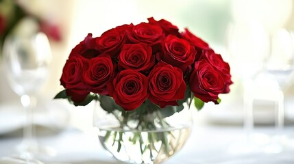 Obraz premium Beautiful Arrangement of Fresh Red Roses in a Glass Vase on Elegant Table Setting with Soft Natural Light for Romantic Occasion or Event
