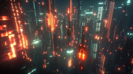 Obraz premium Cyberpunk cityscape with digital padlocks illustrating data protection in future