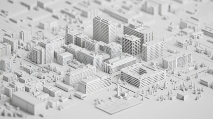 Highly Detailed Architectural Model of a Cityscape Featuring Varied Urban Designs and Complex Structures in a Minimalist White Palette