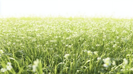 Obraz premium Vibrant green grass field, lush meadow with small white flowers, natural spring background.