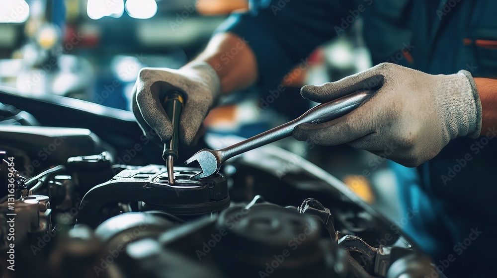 Poster mechanic working on automobile engine with tools in workshop