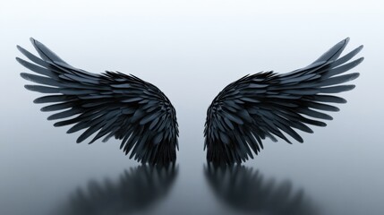 Naklejka premium Black feathered wings against a minimalistic light background, showcasing elegance, beauty, and the concept of freedom or transformation in visual art