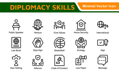 Diplomacy Line  Icons set. Vector illustration in modern thin line style of political dialogue related icons: summit, diplomatic, politics, debate, and more.