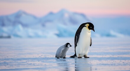 Emperor penguin chick follows parent across glistening Antarctic ice under soft dawn light. AI Generated
