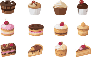 set of cakes and sweets, desserts, cupcakes, and muffins. cartoon desserts