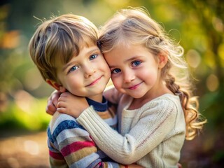 Fototapeta premium Adorable Siblings Hugging: High-Resolution Stock Photo of Happy Children Embracing