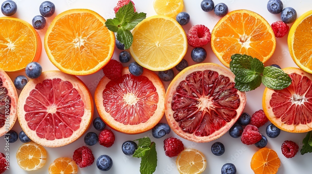 Poster professional close up shot of various healthy fruits in a white background setting with clean lines 