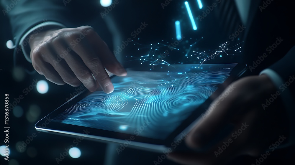 Poster asus business tablet with ai-powered interface and businessman interacting with glowing display