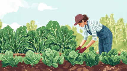 Woman tending a flourishing garden bed