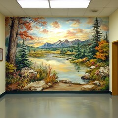 Vibrant mural depicting serene nature scene.