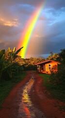 Obraz premium Vibrant rainbow over a serene rural landscape.