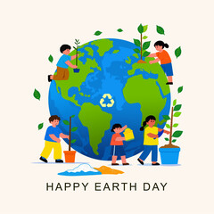 Happy Earth Day. Happy Earth day concept background vector With globe and cartoons of children planting trees in various continents. Eco friendly illustration design for web, banner,