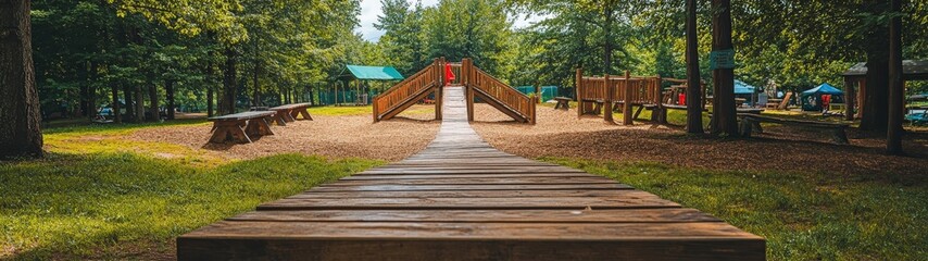 Obraz premium Wooden pathway leads to playground in forest.