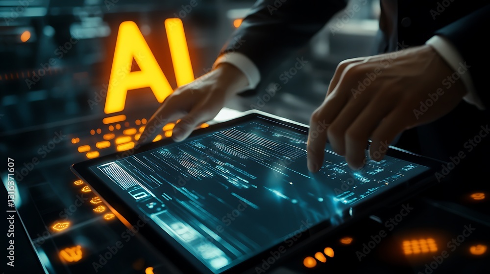 Poster business professional using tablet with ai interface and digital data visualization
