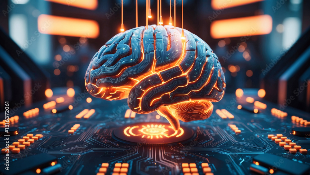 Poster a highly detailed, futuristic brain with intricate circuit patterns and glowing orange lights above 