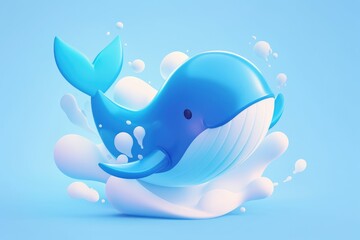 A happy cartoon whale jumps over water on a light blue backdrop