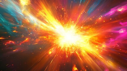 Fototapeta premium Cosmic explosion depicting a vibrant burst of energy and light, emanating from a central point with radiating streaks in hues of yellow, orange, red, and blue, set against a dark background, symbolizi