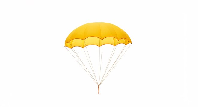 Bright yellow parachute gently descends against white background. AI Generated