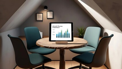 Cozy enclosed meeting space with a small wooden table and four chairs, sleek tablet glowing softly displaying a business presentation, muted gray background with subtle office decor  
