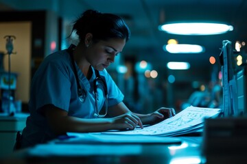 A night-shift nurse quietly works on patient charts under soft hospital lighting, emphasizing dedication and attention to detail in the late hours of the night