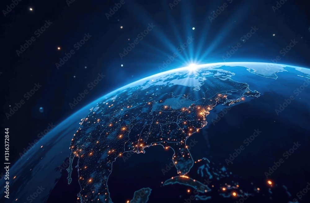 Aufkleber night planet earth from space with light lines of communication and connection. business and finance