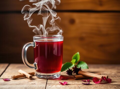 Warm Red Tea with Cinnamon Sticks and Rose Petals on Wooden Table - Powered by Adobe