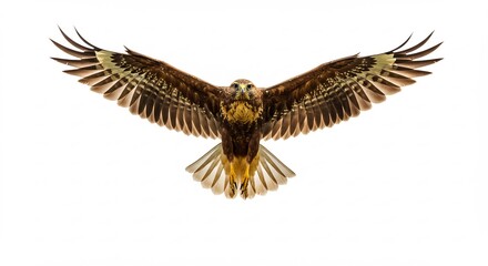 Obraz premium Majestic eagle powerfully soars against bright white background sharp detailed wings. AI Generated