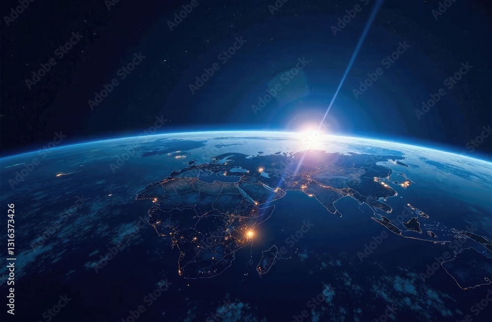 Aufkleber night planet earth from space with light lines of communication and connection. business and finance