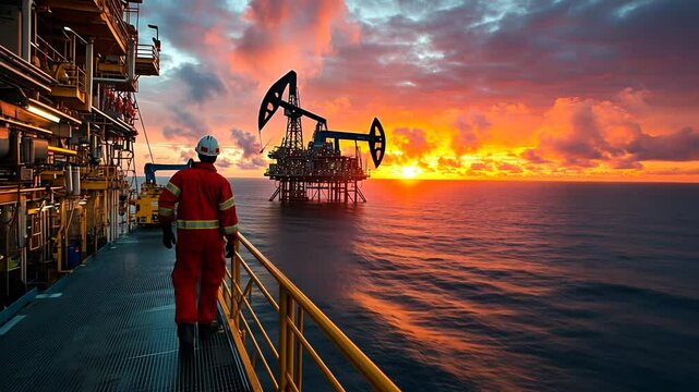 Offshore oil rig worker walks on platform at sunset with pumping jacks in silhouette