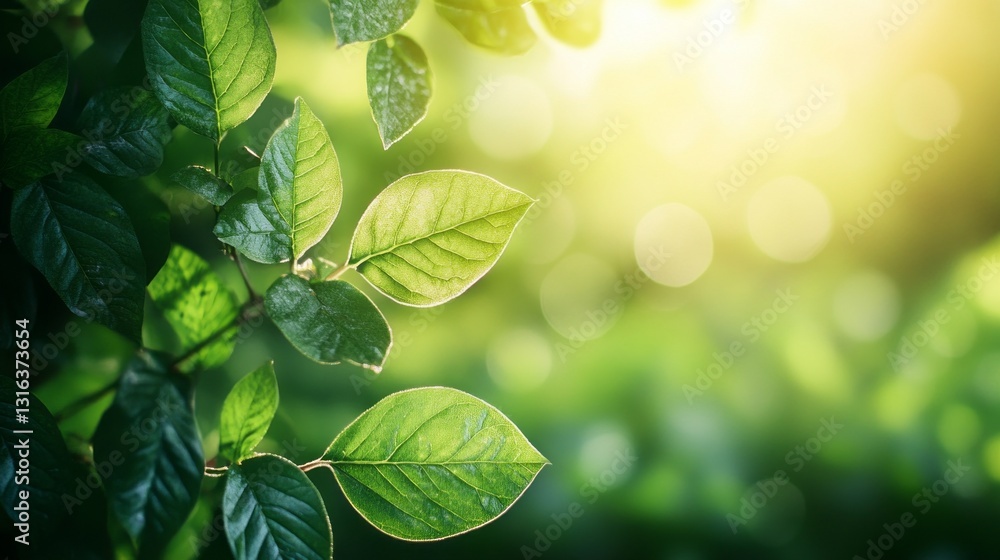 Poster Lush green leaves glisten in the gentle sunlight, creating a serene atmosphere in a peaceful garden. The soft bokeh effect adds to the enchanting and calming scene