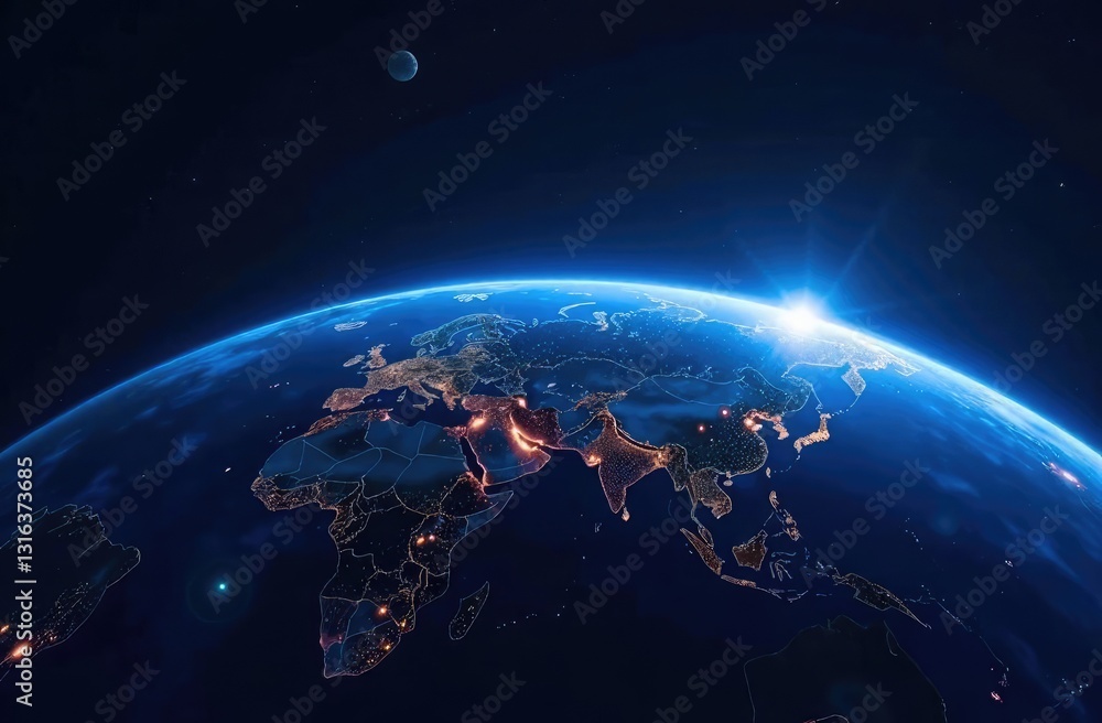 Aufkleber night planet earth from space with light lines of communication and connection. business and finance