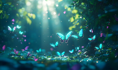 Fototapeta premium Enchanting Forest Scene with Colorful Butterflies Flying Freely