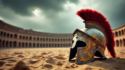 An ancient gladiator helmet resting on the sand of a grand ancient arena, under a brooding stormy sky